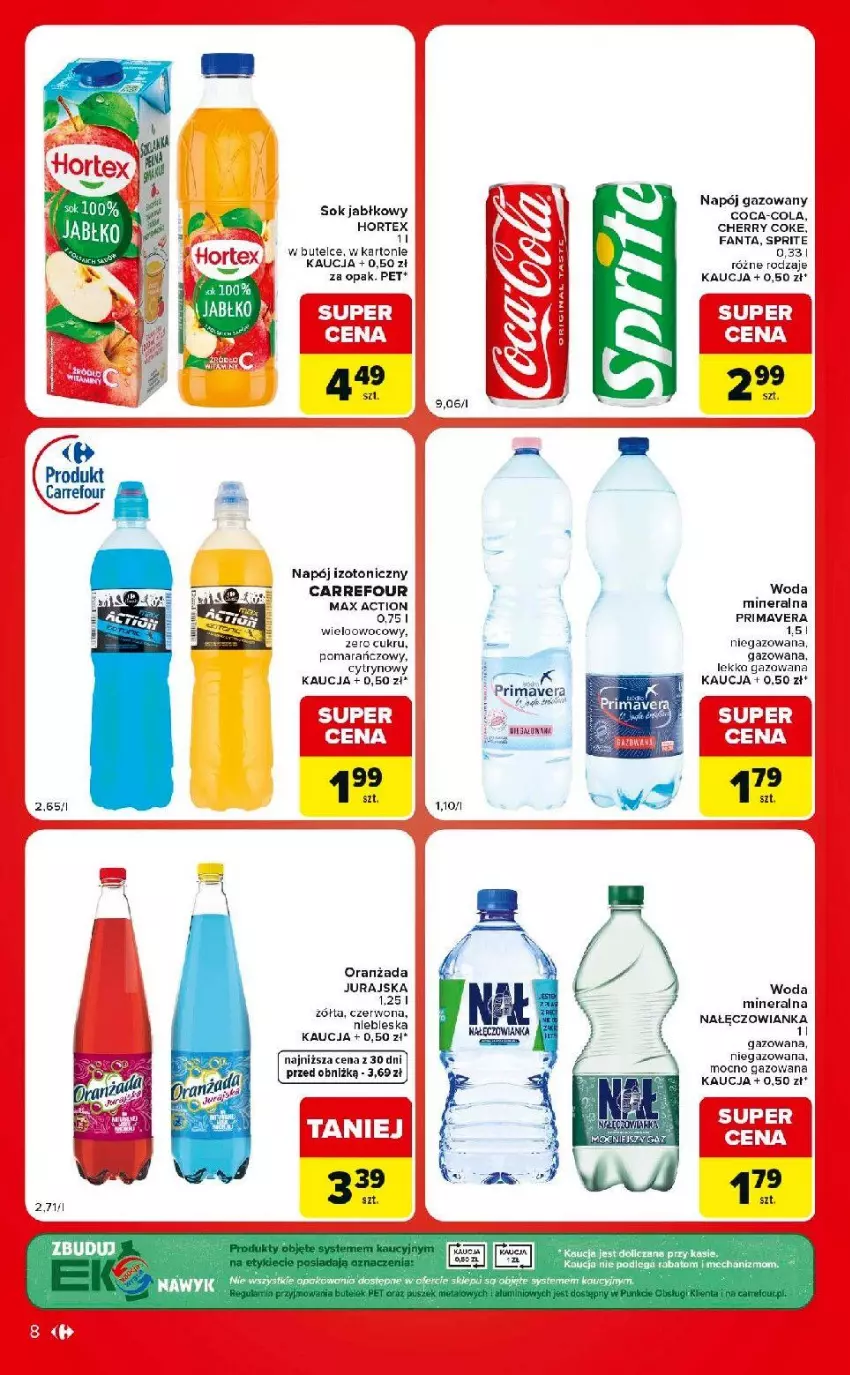 Gazetka promocyjna Carrefour - Gazetka Carrefour Market w SUMIE ekspresowe zakupy - ważna 04.07 do 10.08.2026 - strona 8 - produkty: Coca-Cola, Fa, Fanta, Hortex, LG, Nałęczowianka, Napój, Napój gazowany, Napój izotoniczny, Oranżada, Prima, Primavera, Sok, Sok jabłkowy, Sprite, Woda