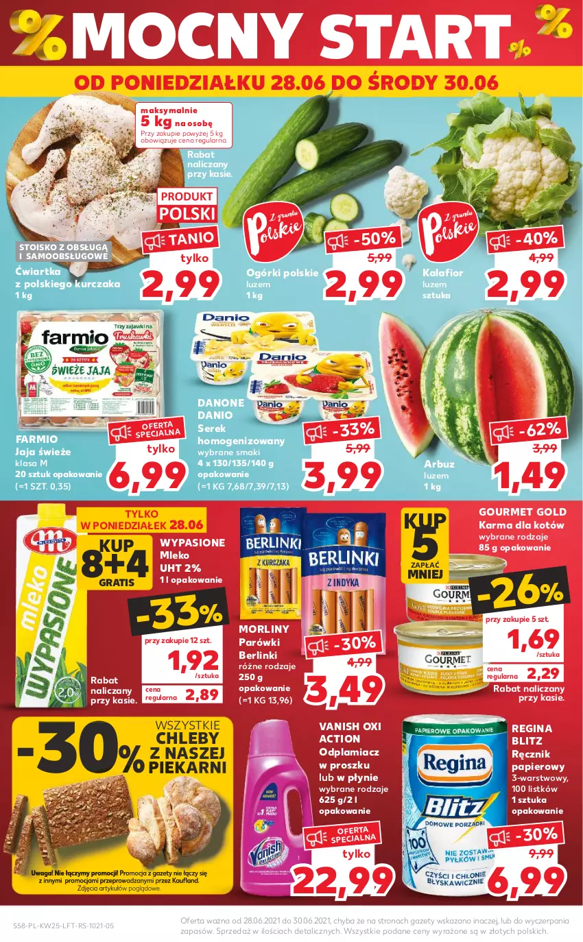 Gazetka promocyjna Kaufland - OFERTA TYGODNIA - ważna 24.06 do 30.06.2021 - strona 58 - produkty: Arbuz, Berlinki, Chleb, Danio, Danone, Fa, Gin, Gourmet Gold, Gra, Jaja, Kalafior, Kurczak, Mleko, Morliny, Odplamiacz, Papier, Parówki, Ręcznik, Ser, Serek, Serek homogenizowany, Vanish, Waga