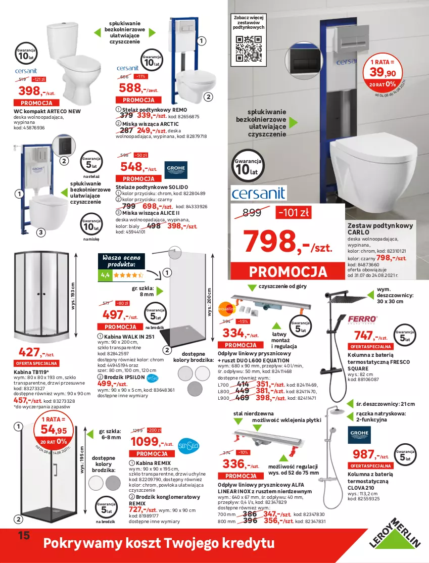 Gazetka promocyjna Leroy Merlin - Nowe Drzwi - ważna 04.08 do 24.08.2021 - strona 15 - produkty: Bateria, Bateria umywalkowa, Brodzik, Deska wolnoopadająca, Drzwi, Dywan, Dywanik, Dywanik łazienkowy, Fa, Fresco, Klej, Kosz, Lustro, Miska, Miska wisząca, Pokrywa, Półsłupek, Ser, Słupek, Sok, Szafka, Szafka pod umywalkę, Termos, Top, Tran, Umywalka