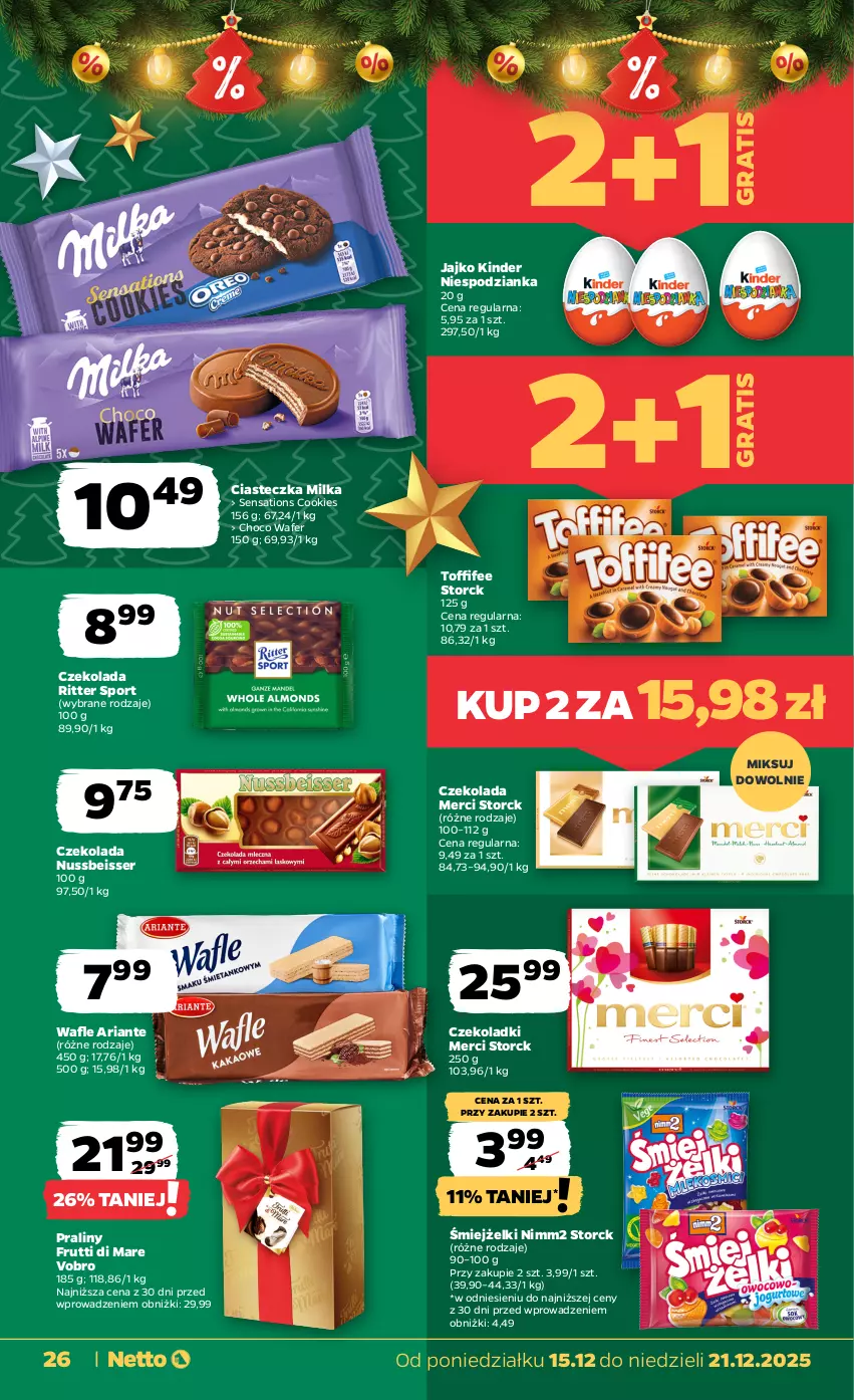 Gazetka promocyjna Netto - Od Poniedziałku - ważna 15.12 do 21.12.2025 - strona 26 - produkty: Czekolada, Gra, Kinder, Merci, Milka, Nimm2, Por, Praliny, Ritter Sport, Sati, Ser, Sport, Toffifee, Wafle