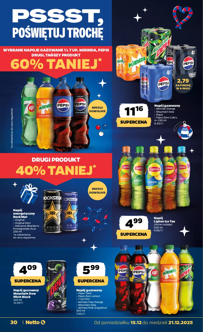 Gazetka promocyjna Netto - Od Poniedziałku - ważna 15.12 do 21.12.2025 - strona 30 - produkty: Gin, Gra, Granat, Ice tea, Lack, Lipton, Mirinda, Napój, Napój energetyczny, Napój gazowany, Napoje, Pepsi