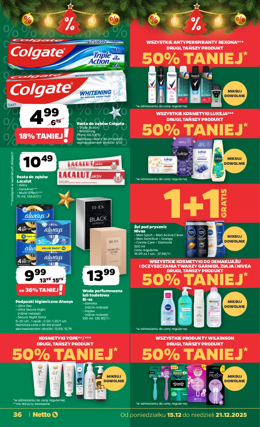 Gazetka promocyjna Netto - Od Poniedziałku - ważna 15.12 do 21.12.2025 - strona 36 - produkty: Always, Antyperspirant, Colgate, Garnier, Gra, Lacalut, LG, Luksja, Makijaż, Nivea, Pasta do zębów, Perfum, Podpaski, Por, Rexona, Sport, Woda, Woda perfumowana, Yope, Ziaja