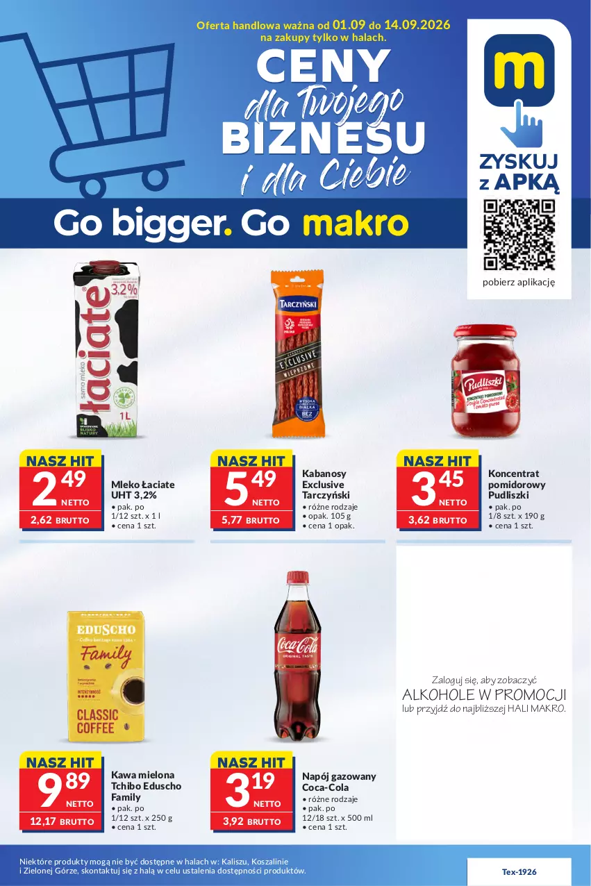 Gazetka promocyjna Makro - Mega oferty dla Twojego Sklepu - ważna 01.09 do 14.09.2026 - strona 1 - produkty: Alkohole, Coca-Cola, Fa, Gra, JBL, Kabanos, Kawa, Kawa mielona, Koncentrat pomidorowy, Kosz, Mleko, Napój, Napój gazowany, Piwo, Pudliszki, Szal, Tarczyński, Tchibo