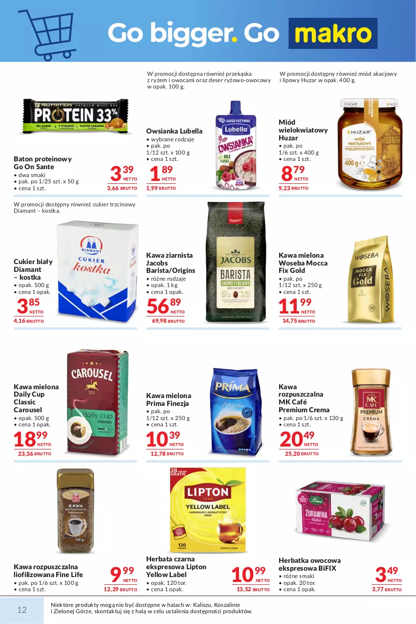 Gazetka promocyjna Makro - Mega oferty dla Twojego Sklepu - ważna 01.09 do 14.09.2026 - strona 12 - produkty: Baton, Bell, Bella, Cukier, Cukier trzcinowy, Deser, Diamant, Gin, Herbata, Herbata czarna, Jacobs, Kawa, Kawa mielona, Kawa rozpuszczalna, Kawa ziarnista, Kosz, Lipton, Lubella, Miód, Mocca Fix Gold, Owsianka, Prima, Ryż, Sante, Ser, Szal, Woseba