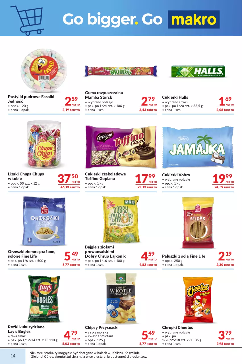 Gazetka promocyjna Makro - Mega oferty dla Twojego Sklepu - ważna 01.09 do 14.09.2026 - strona 14 - produkty: Bajgle, Cheetos, Chipsy, Chrupki, Chupa Chups, Cukier, Cukierki, Cukierki czekoladowe, Fa, Goplana, Guma rozpuszczalna, Halls, Kosz, Lajkonik, LANA, Lay’s, Lizaki, Mamba, Orzeszki, Orzeszki ziemne, Pastylki, Przysnacki, Szal, Toffino