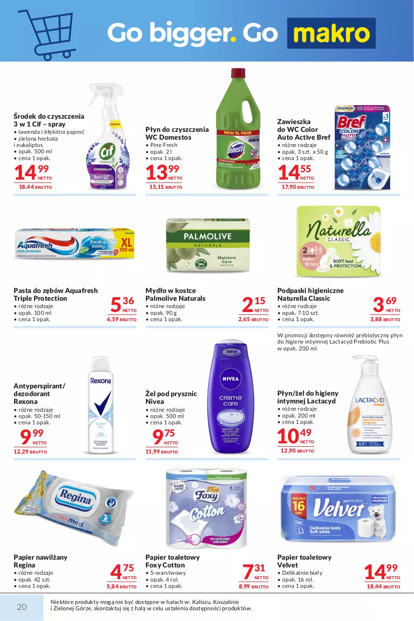 Gazetka promocyjna Makro - Mega oferty dla Twojego Sklepu - ważna 01.09 do 14.09.2026 - strona 20 - produkty: Antyperspirant, Aquafresh, Bref, Cif, Dezodorant, Domestos, Foxy, Gin, Herbata, Kosz, Lactacyd, Mydło, Naturell, Naturella, Nivea, Palmolive, Papier, Papier toaletowy, Pasta do zębów, Płyn do czyszczenia wc, Płyn do higieny intymnej, Podpaski, Rexona, Szal, Velvet, Zawieszka do wc