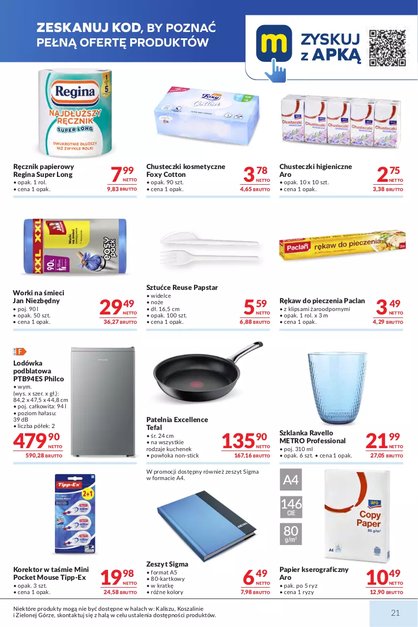 Gazetka promocyjna Makro - Mega oferty dla Twojego Sklepu - ważna 01.09 do 14.09.2026 - strona 21 - produkty: Chusteczki, Chusteczki kosmetyczne, Fa, Foxy, Gin, Gra, Jan Niezbędny, Kosz, Lodówka, Metro, Noż, Papier, Patelnia, Piec, Por, Ręcznik, Rękaw do pieczenia, Ser, Szal, Szklanka, Tefal, Worki na śmiec, Worki na śmieci