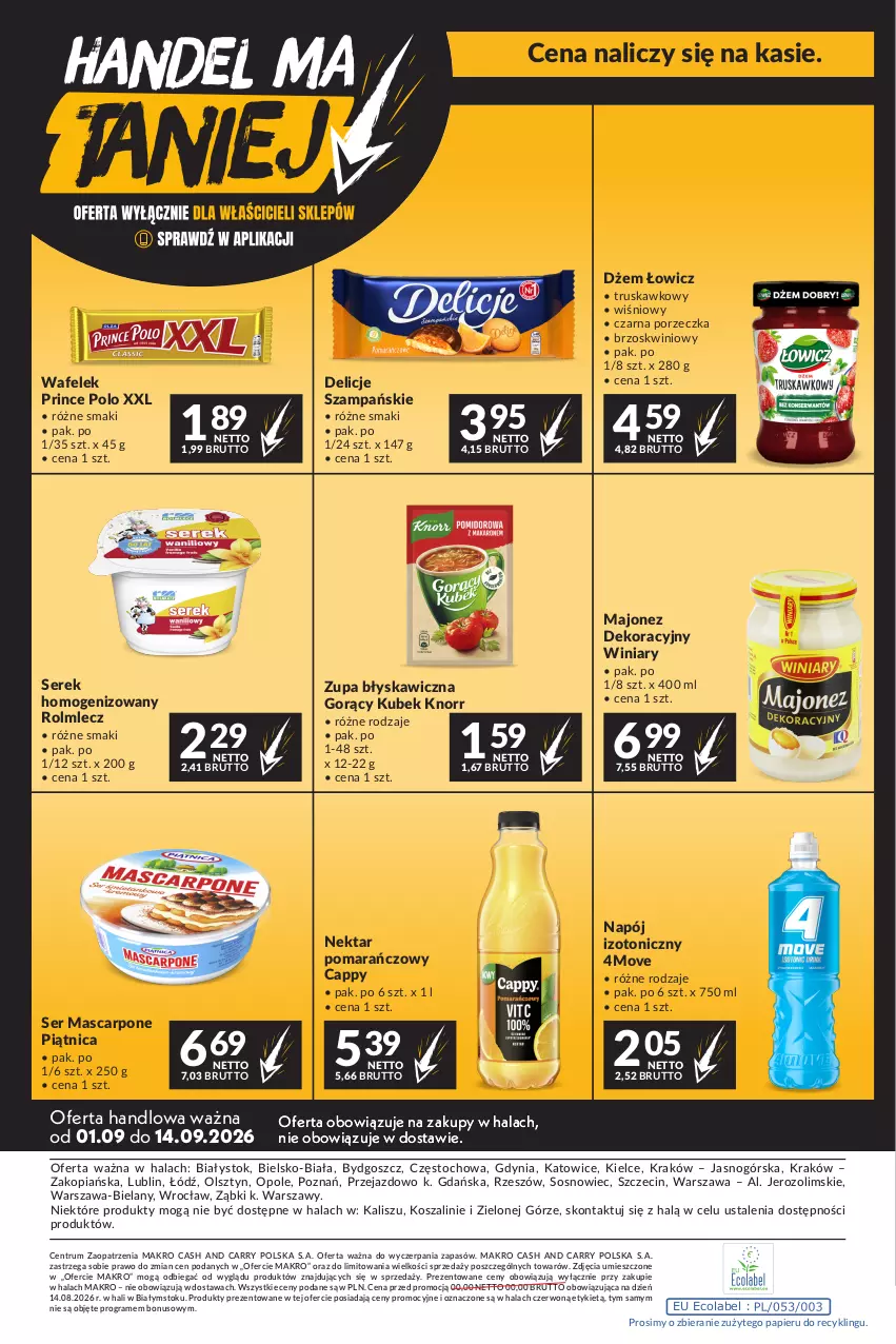 Gazetka promocyjna Makro - Mega oferty dla Twojego Sklepu - ważna 01.09 do 14.09.2026 - strona 24 - produkty: Cappy, Delicje, Dżem, Gra, Knorr, Kosz, Kubek, Majonez, Mascarpone, Napój, Napój izotoniczny, Nektar, Papier, Piątnica, Por, Prince Polo, Rolmlecz, Rum, Ser, Serek, Serek homogenizowany, Sos, Szal, Wafelek, Winiary, Zupa