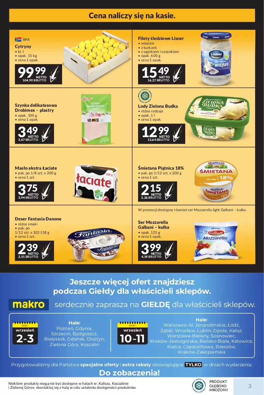 Gazetka promocyjna Makro - Mega oferty dla Twojego Sklepu - ważna 01.09 do 14.09.2026 - strona 3 - produkty: Cytryny, Danone, Deser, Drobimex, Fa, Fanta, Galbani, Kosz, Lisner, Lody, Masło, Mozzarella, Piątnica, Ser, Sos, Szal, Szynka, Szynka delikatesowa, Zielona Budka