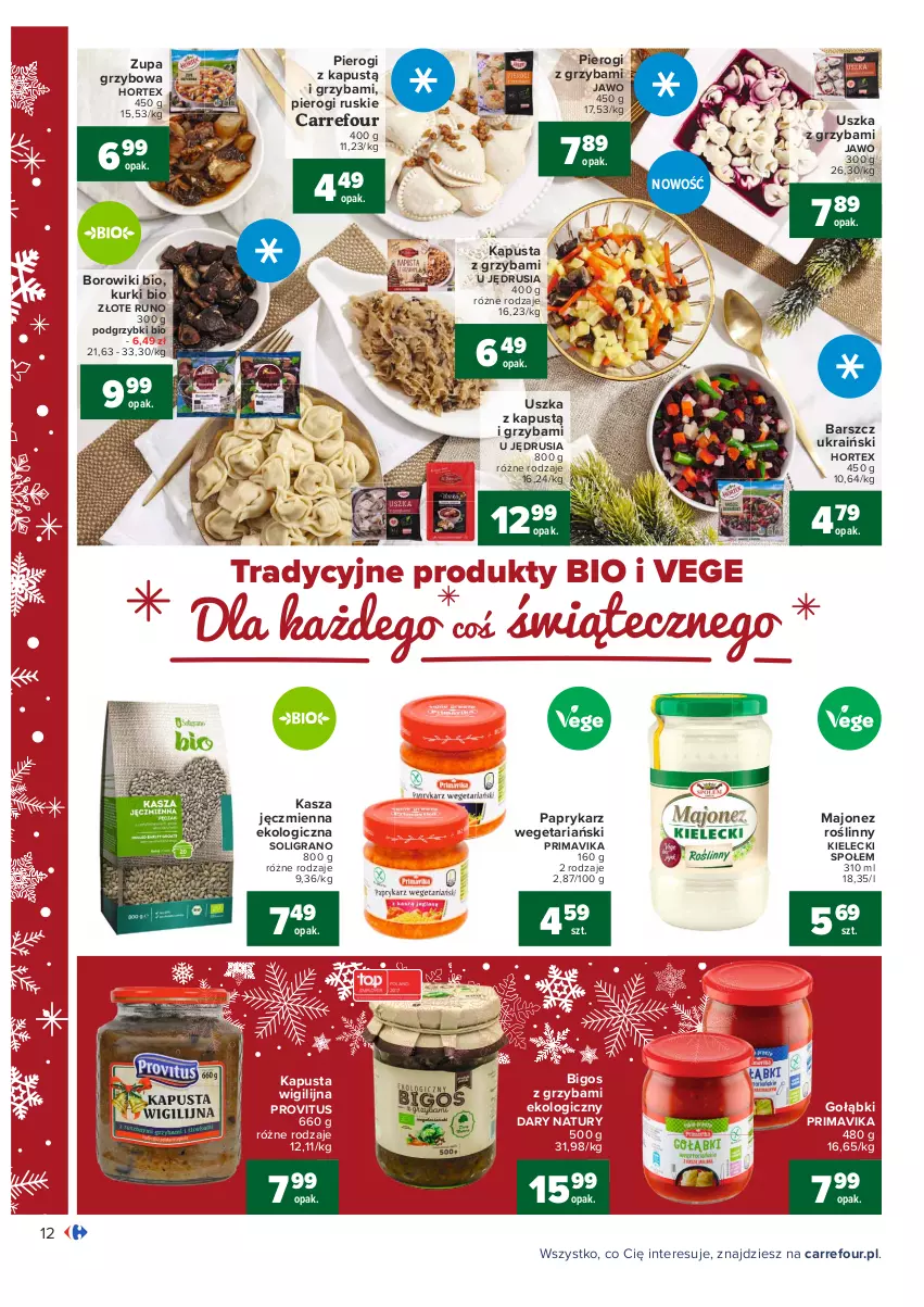 Gazetka promocyjna Carrefour - Gazetka Carrefour - ważna 13.12 do 19.12.2021 - strona 12 - produkty: Bigos, Borowiki, Gra, Hortex, Kapustą, Kasza, Kasza jęczmienna, Majonez, Papryka, Paprykarz, Pierogi, Podgrzybki, Prima, Primavika, Soligrano, Zupa