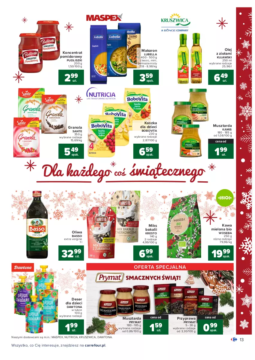 Gazetka promocyjna Carrefour - Gazetka Carrefour - ważna 13.12 do 19.12.2021 - strona 13 - produkty: Bell, Bella, BoboVita, Dawtona, Deser, Dzieci, Gin, Gra, Granola, Kamis, Kawa, Kawa mielona, Koncentrat pomidorowy, Kujawski, Lubella, Makaron, Mus, Musztarda, Olej, Prymat, Pudliszki, Sante, Ser, Woseba