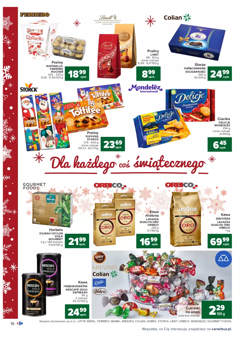 Gazetka promocyjna Carrefour - Gazetka Carrefour - ważna 13.12 do 19.12.2021 - strona 16 - produkty: BIC, Ciastka, Cukier, Cukierki, Delicje, Dilmah, Fa, Ferrero, Ferrero Rocher, Herbata, Kawa, Kawa mielona, Kawa rozpuszczalna, Kawa ziarnista, Lavazza, Lindt, Nescafé, Praliny, Raffaello, Toffifee, Wawel