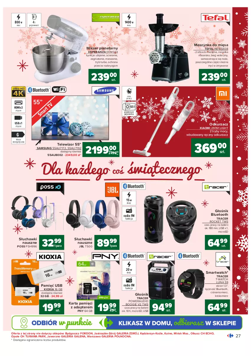 Gazetka promocyjna Carrefour - Gazetka Carrefour - ważna 13.12 do 19.12.2021 - strona 27 - produkty: Acer, Ciśnieniomierz, Fa, Głośnik, Głośnik bluetooth, Gra, JBL, Karta pamięci, Krokomierz, Maszynka, Mikser, Noż, Odkurzacz, Pojemnik, Samsung, Ser, Słuchawki, Smartwatch, Szynka, Tefal, Telewizor