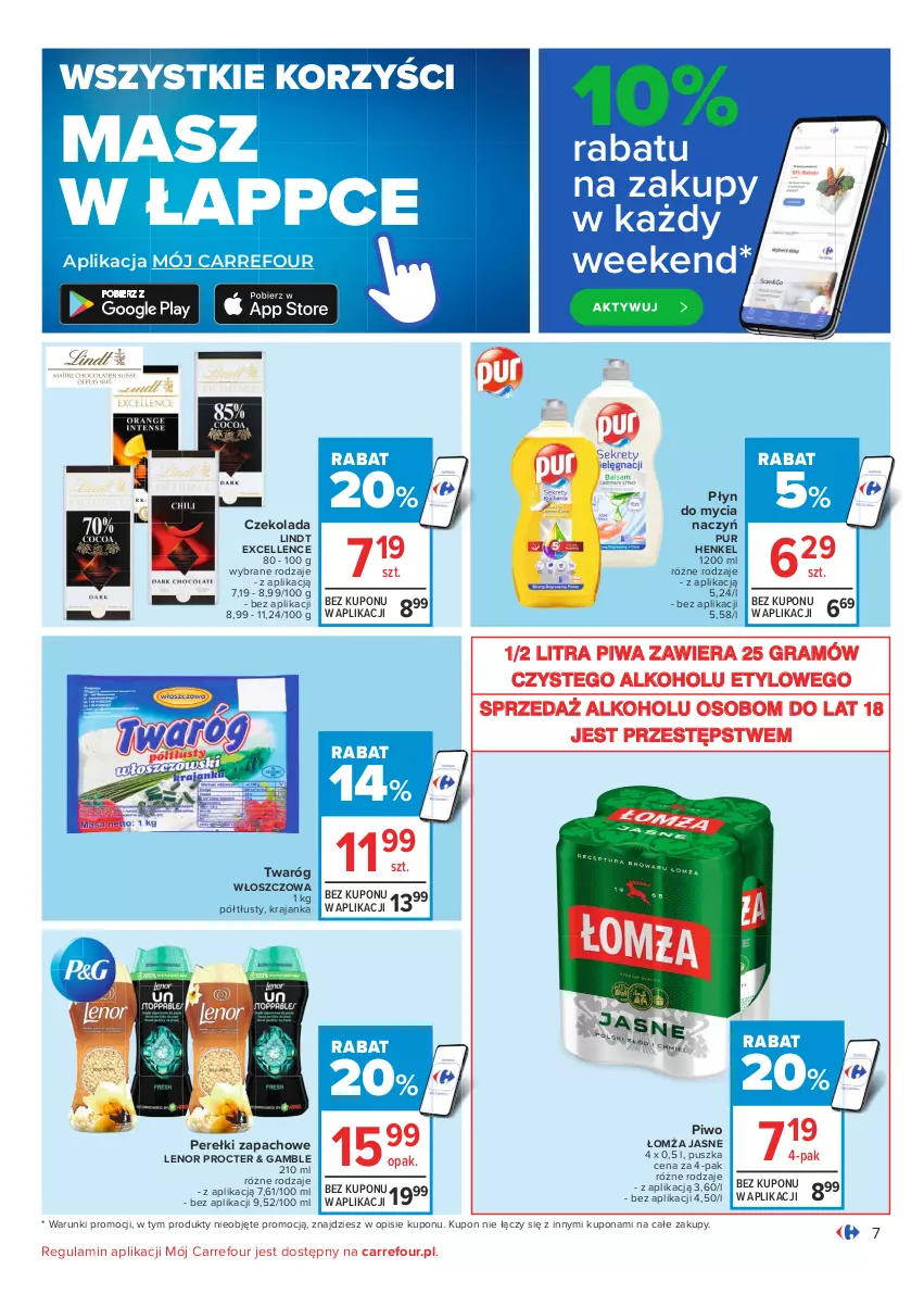 Gazetka promocyjna Carrefour - Gazetka Carrefour - ważna 13.12 do 19.12.2021 - strona 7 - produkty: Czekolada, Do mycia naczyń, Gra, Lenor, Lindt, Perełki zapachowe, Piwa, Piwo, Płyn do mycia, Płyn do mycia naczyń, Pur, Twaróg