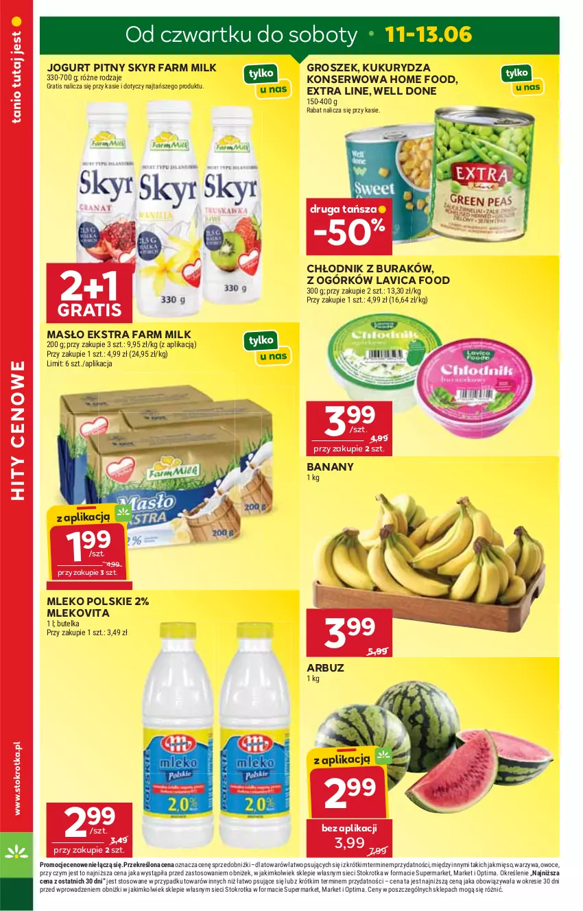 Gazetka promocyjna Stokrotka - Supermarket - ważna 11.06 do 17.06.2026 - strona 2 - produkty: Arbuz, Banany, Fa, Farm Milk, Gra, Groszek, Jogurt, Jogurt pitny, Kukurydza, Kukurydza konserwowa, Masło, Mięso, Mleko, Mlekovita, Optima, Owoce, Ser, Warzywa