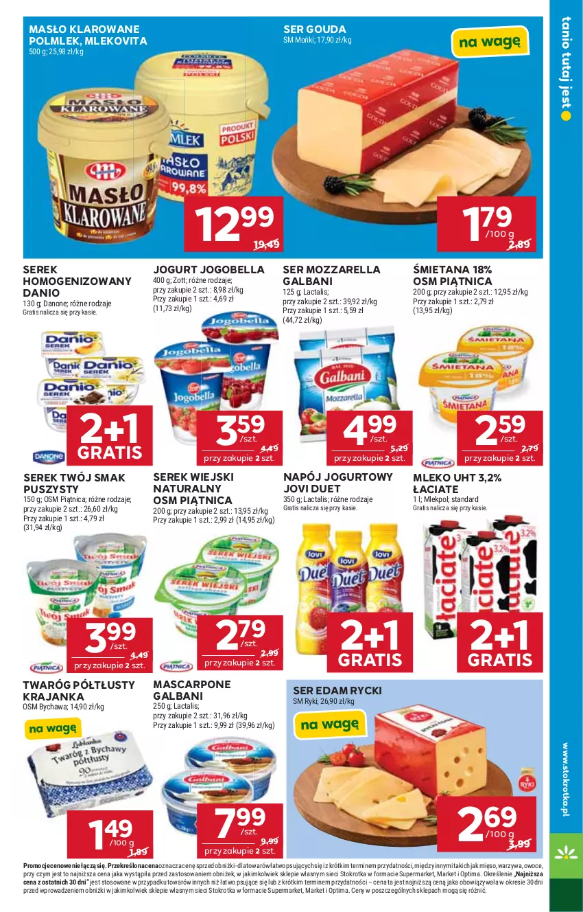 Gazetka promocyjna Stokrotka - Supermarket - ważna 11.06 do 17.06.2026 - strona 23 - produkty: Bell, Bella, Danio, Danone, Edam, Galbani, Gouda, Gra, Jogobella, Jogurt, Mascarpone, Masło, Masło klarowane, Mięso, Mleko, Mlekovita, Mozzarella, Napój, Napój jogurtowy, Optima, Owoce, Piątnica, POLMLEK, Ser, Serek, Serek homogenizowany, Serek wiejski, Twaróg, Twaróg półtłusty, Twój Smak, Warzywa, Zott