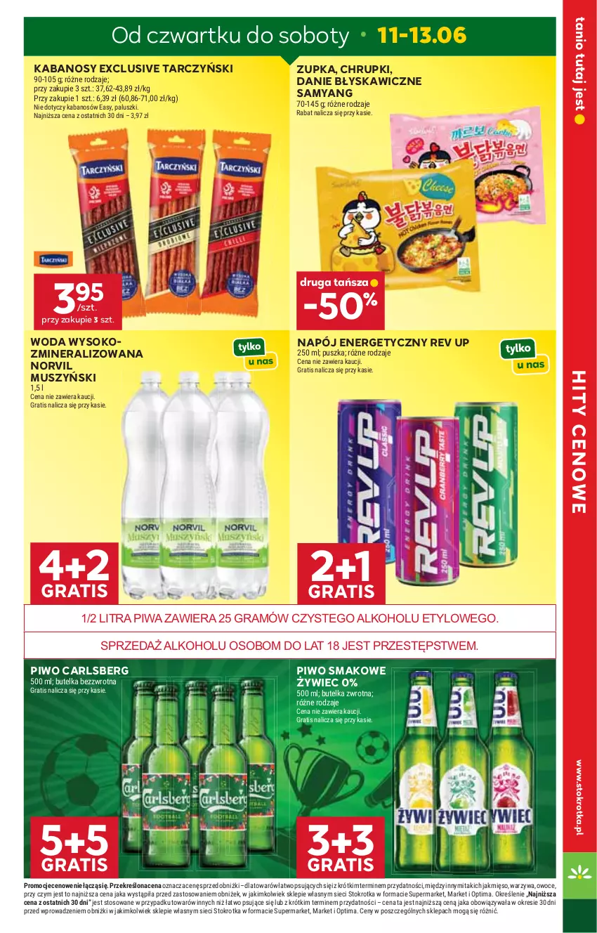 Gazetka promocyjna Stokrotka - Supermarket - ważna 11.06 do 17.06.2026 - strona 3 - produkty: Carlsberg, Chrupki, Gra, Kabanos, Mięso, Mus, Napój, Napój energetyczny, Optima, Owoce, Piwa, Piwo, Sok, Tarczyński, Warzywa, Woda