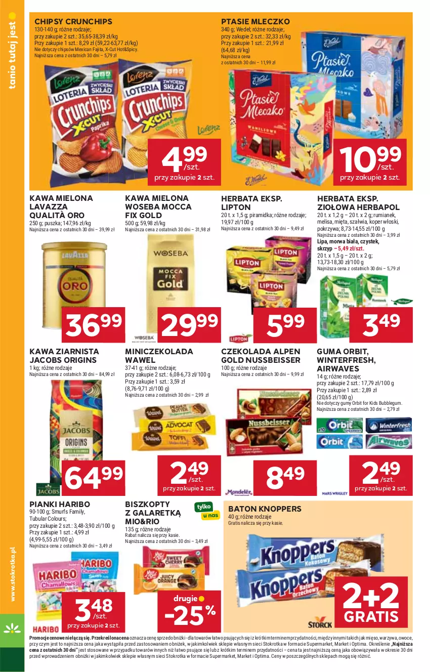 Gazetka promocyjna Stokrotka - Supermarket - ważna 11.06 do 17.06.2026 - strona 30 - produkty: Baton, Biszkopty, Chipsy, Crunchips, Czekolada, Fa, Gala, Gin, Gra, Haribo, Herbapol, Herbata, Jacobs, Kawa, Kawa mielona, Kawa ziarnista, Knoppers, Koper włoski, Lavazza, Lipton, Mięso, Mięta, Mleczko, Mocca Fix Gold, Optima, Orbit, Owoce, Ptasie mleczko, Rum, Ser, Stek, Warzywa, Wawel, Woseba