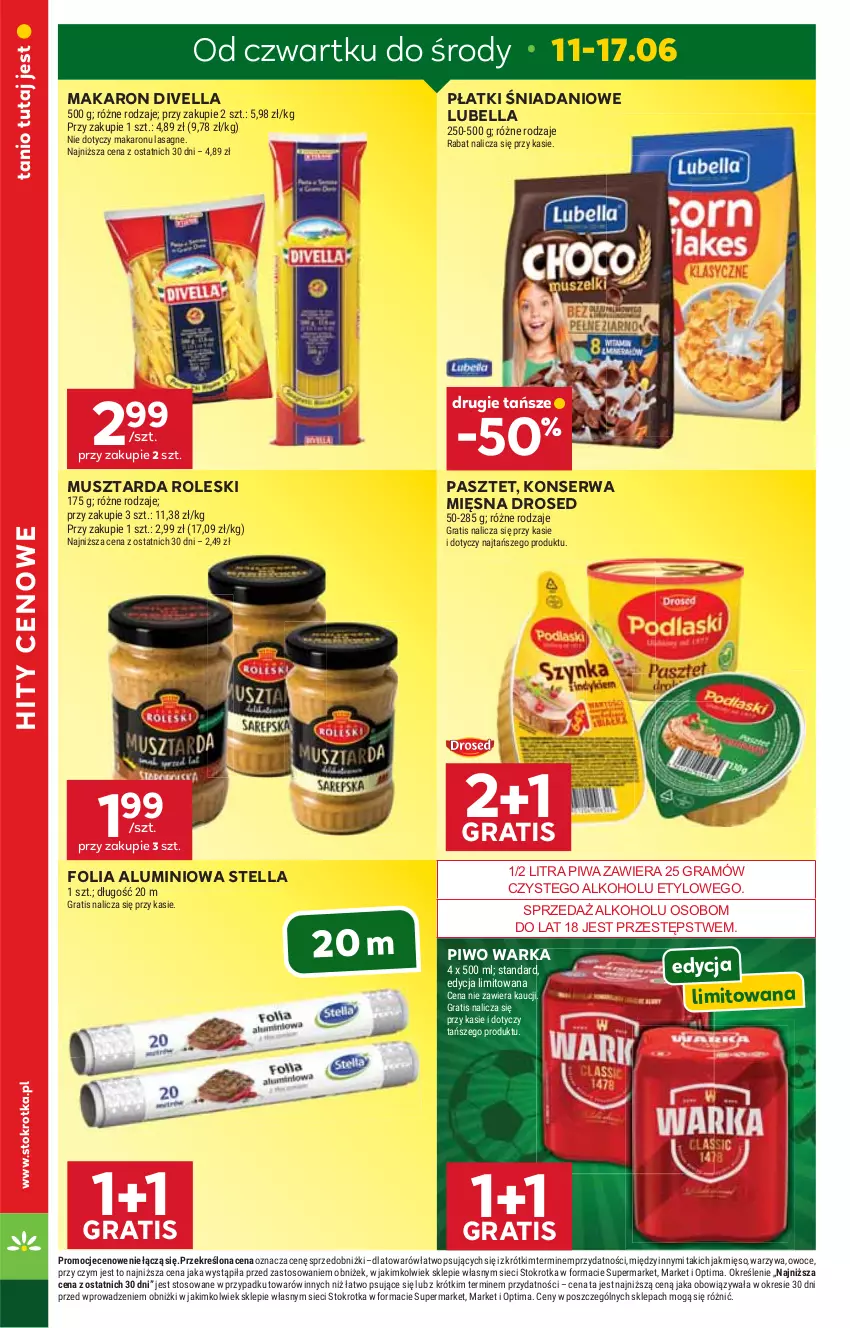 Gazetka promocyjna Stokrotka - Supermarket - ważna 11.06 do 17.06.2026 - strona 4 - produkty: Bell, Bella, Danio, Folia aluminiowa, Gra, Lasagne, Lubella, Makaron, Mięso, Mus, Musztarda, Optima, Owoce, Pasztet, Piwa, Piwo, Ser, Warka, Warzywa