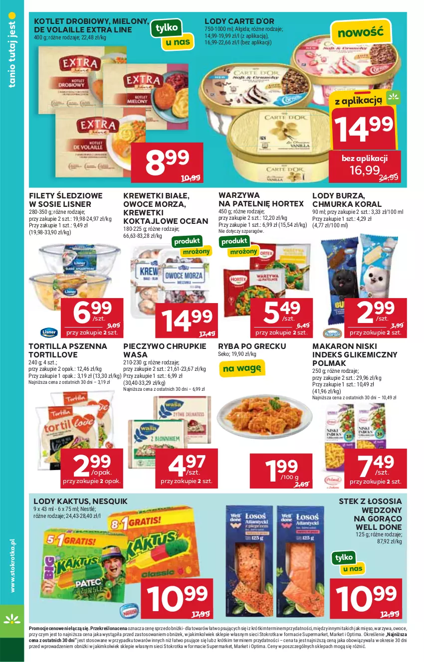 Gazetka promocyjna Stokrotka - Supermarket - ważna 11.06 do 17.06.2026 - strona 42 - produkty: Algida, Chrupki, Hortex, Kaktus, Kotlet, Krewetki, LG, Lisner, Lody, Makaron, Mięso, Nesquik, Nestlé, Olma, Optima, Owoce, Owoce morza, Piec, Pieczywo, Pieczywo chrupkie, Ryba, Ryba po grecku, SEKO, Sos, Stek, Tortilla, Warzywa, Wasa