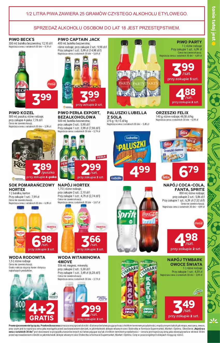 Gazetka promocyjna Stokrotka - Supermarket - ważna 11.06 do 17.06.2026 - strona 47 - produkty: Bell, Bella, Captain Jack, Coca-Cola, Fa, Fanta, Felix, Gra, Hortex, Kozel, Lubella, Magnez, Mięso, Napój, Optima, Orzeszki, Owoce, Perła, Piwa, Piwo, Por, Sok, Sok pomarańczowy, Sprite, Tymbark, Warzywa, Woda