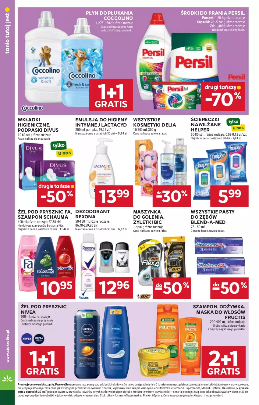 Gazetka promocyjna Stokrotka - Supermarket - ważna 11.06 do 17.06.2026 - strona 48 - produkty: BIC, Blend-a-Med, Coccolino, Dezodorant, Emulsja, Fa, Fructis, Gra, Lactacyd, Maska, Maska do włosów, Maszynka, Maszynka do golenia, Mięso, Nivea, Odżywka, Optima, Owoce, Persil, Płyn do płukania, Podpaski, Pompka, Rexona, Schauma, Szampon, Szynka, Warzywa, Wkładki