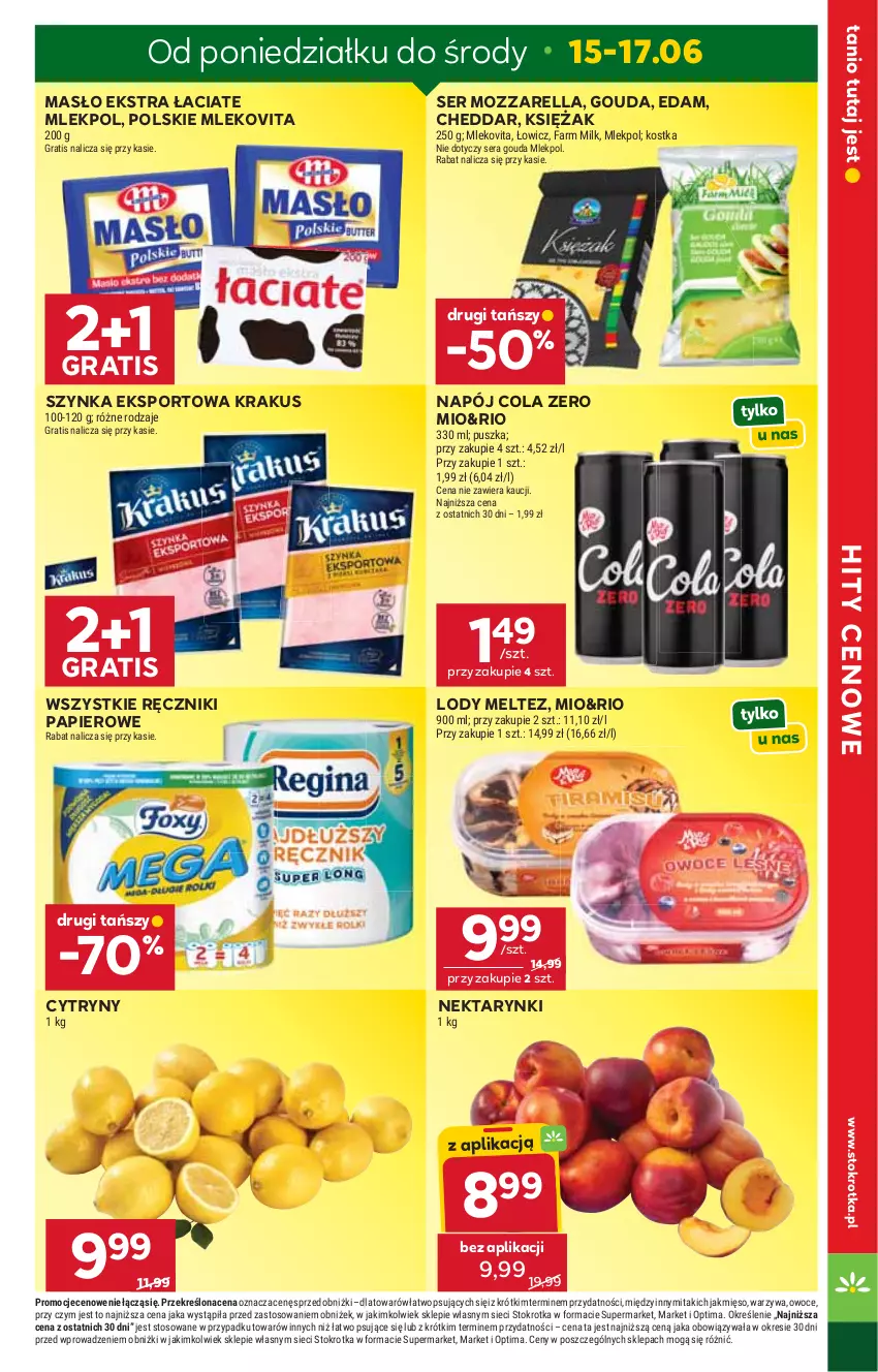 Gazetka promocyjna Stokrotka - Supermarket - ważna 11.06 do 17.06.2026 - strona 5 - produkty: Cheddar, Cytryny, Edam, Fa, Farm Milk, Gouda, Gra, Krakus, Lody, Masło, Mięso, Mleko, Mlekovita, Mozzarella, Napój, Nektar, Optima, Owoce, Papier, Por, Ręcznik, Ręczniki papierowe, Ser, Sport, Szynka, Warzywa