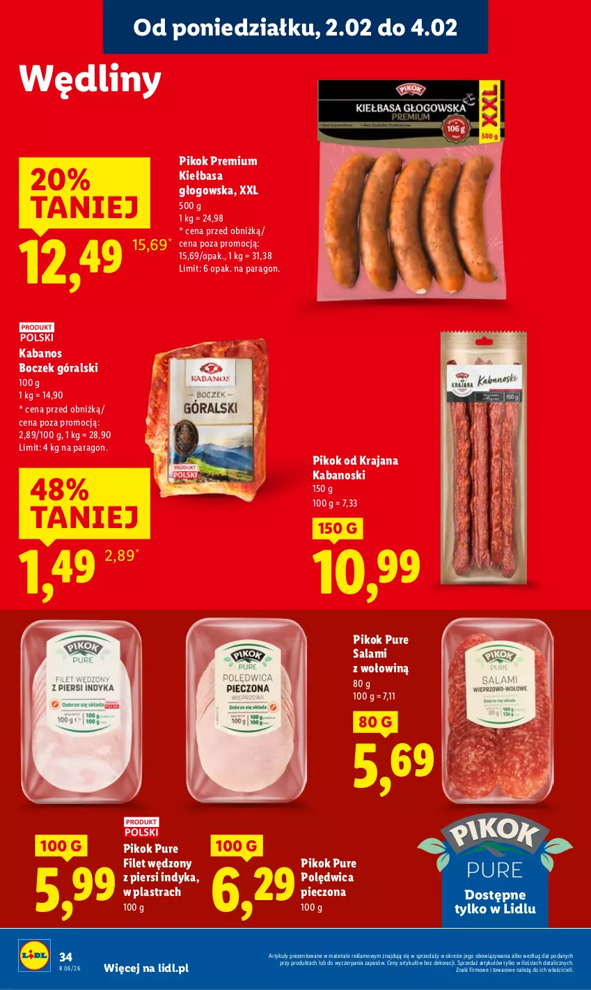 Gazetka promocyjna Lidl - GAZETKA - ważna 02.02 do 04.02.2026 - strona 34 - produkty: Boczek, Kabanos, Kiełbasa, Kiełbasa głogowska, Piec, PIKOK, Polędwica, Pur, Salami