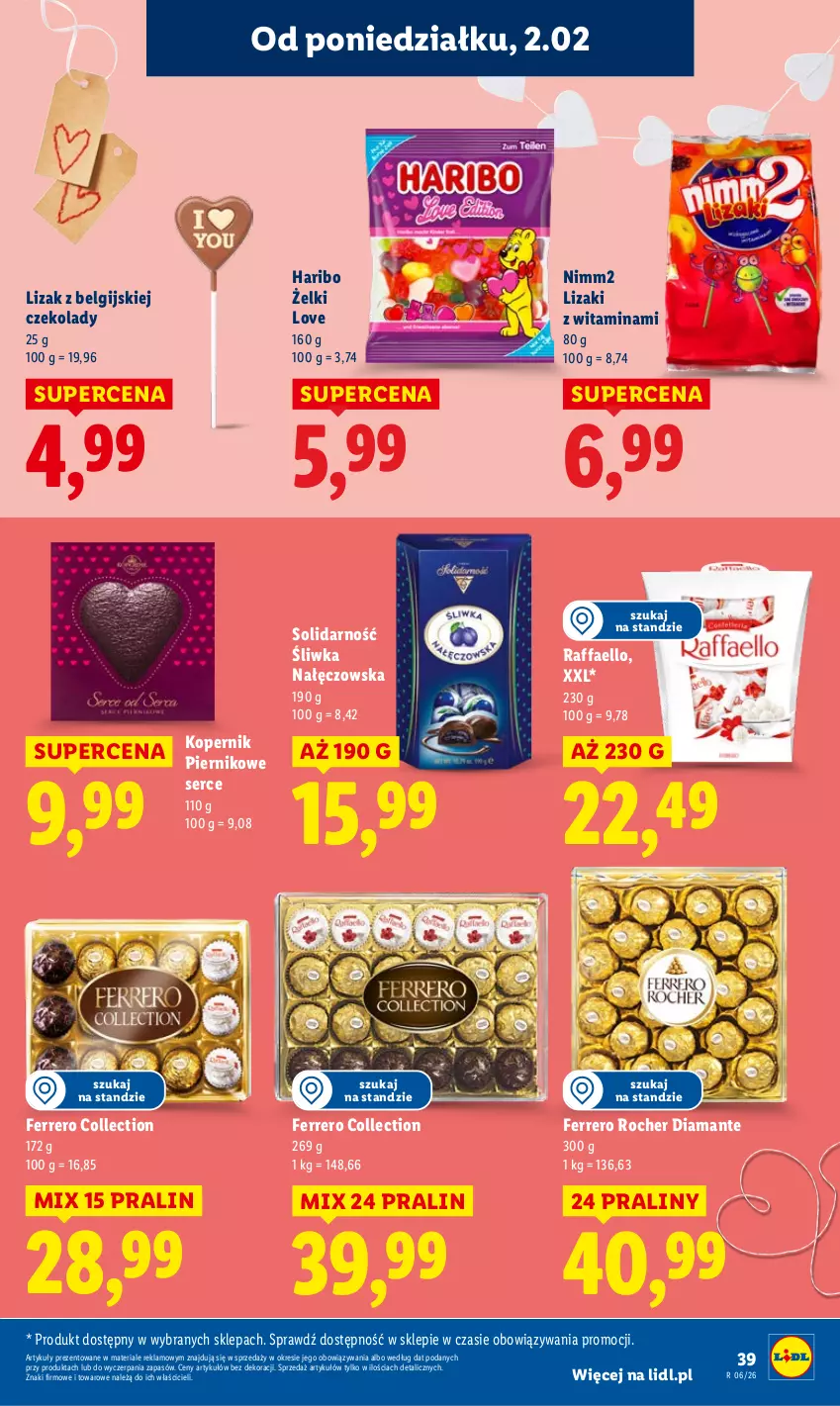 Gazetka promocyjna Lidl - GAZETKA - ważna 02.02 do 04.02.2026 - strona 39 - produkty: Diamant, Fa, Ferrero, Ferrero Rocher, Haribo, LG, Lizaki, Nimm2, Piernik, Praliny, Raffaello, Ser