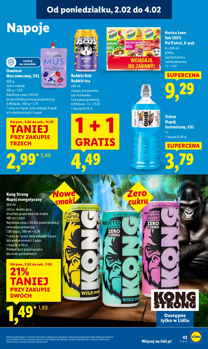 Gazetka promocyjna Lidl - GAZETKA - ważna 02.02 do 04.02.2026 - strona 43 - produkty: Gra, Hortex, Leon, Mango, Mus, Napój, Napój energetyczny, Napój izotoniczny, Napoje, Oshee, Psi Patrol, Sok