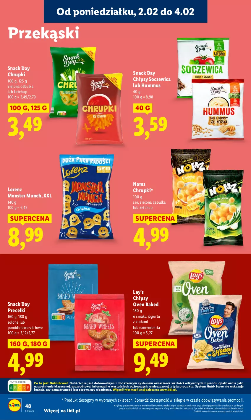 Gazetka promocyjna Lidl - GAZETKA - ważna 02.02 do 04.02.2026 - strona 48 - produkty: Camembert, Chipsy, Chrupki, Hummus, Jogurt, Ketchup, Lay’s, Lorenz, Monster Munch, Mus, Precelki, Ser