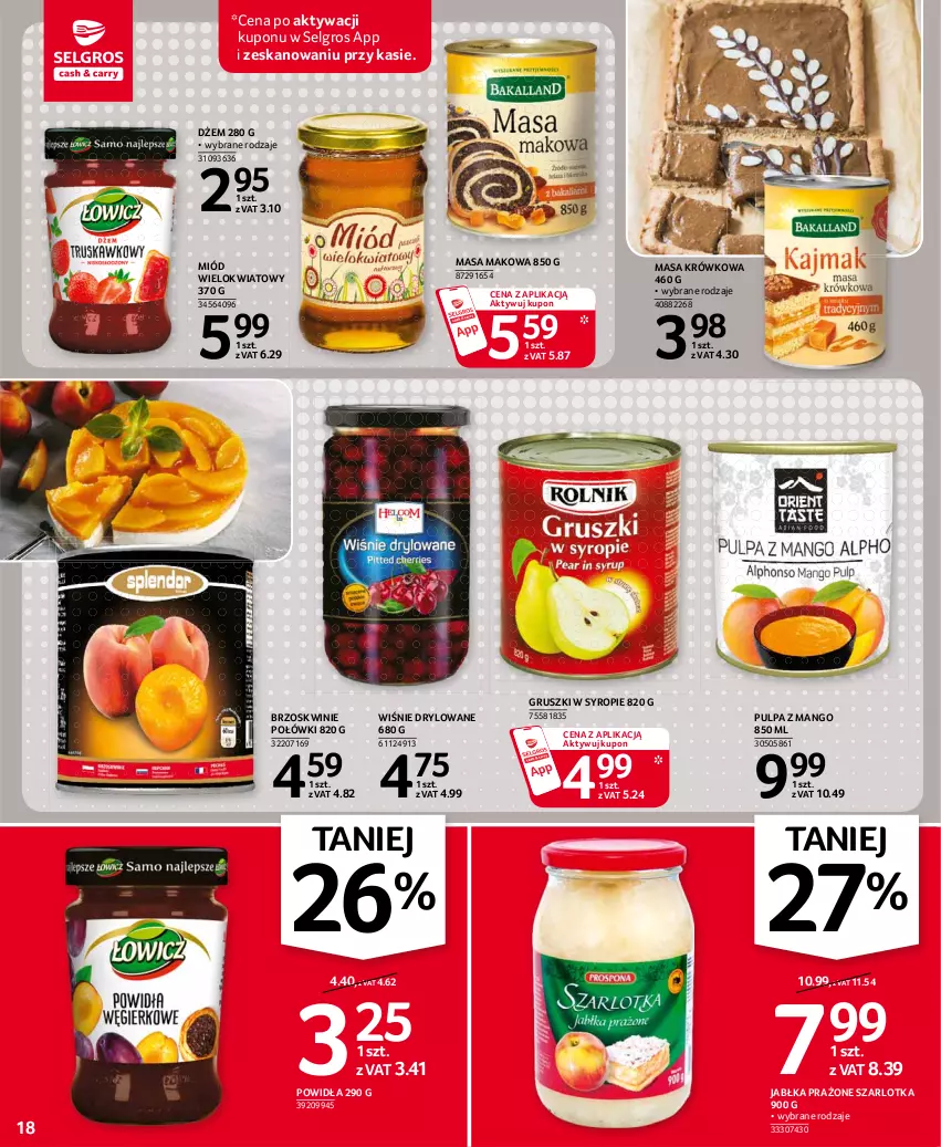 Gazetka promocyjna Selgros - Oferta spożywcza - ważna 11.03 do 24.03.2021 - strona 18 - produkty: Brzoskwinie, Dżem, Gruszki, Jabłka, Jabłka prażone, LG, Mango, Masa krówkowa, Miód, Syrop, Szarlotka