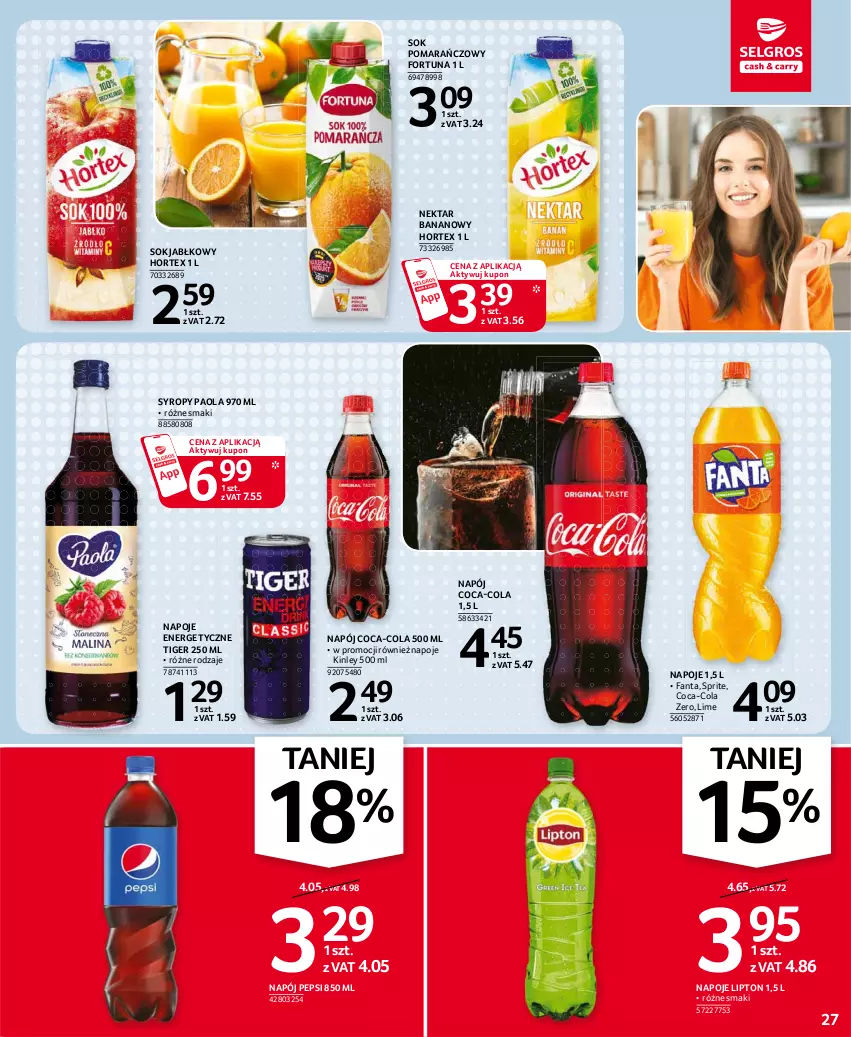 Gazetka promocyjna Selgros - Oferta spożywcza - ważna 11.03 do 24.03.2021 - strona 27 - produkty: Coca-Cola, Fa, Fanta, Fortuna, Hortex, Lipton, Napój, Napoje, Nektar, Nektar bananowy, Paola, Pepsi, Sok, Sok jabłkowy, Sok pomarańczowy, Sprite, Syrop, Syropy, Tiger