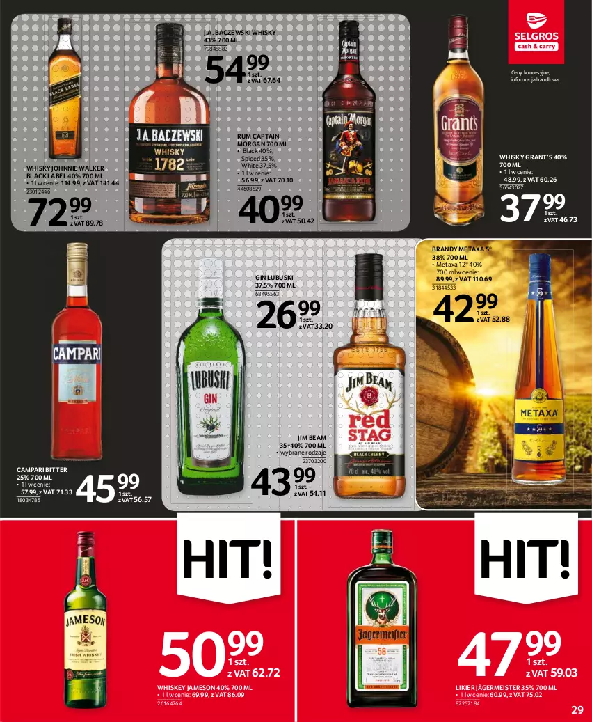 Gazetka promocyjna Selgros - Oferta spożywcza - ważna 11.03 do 24.03.2021 - strona 29 - produkty: Brandy, Captain Morgan, Gin, Gra, Jameson, Jim Beam, Johnnie Walker, Lack, Likier, Metaxa, Rum, Whiskey, Whisky