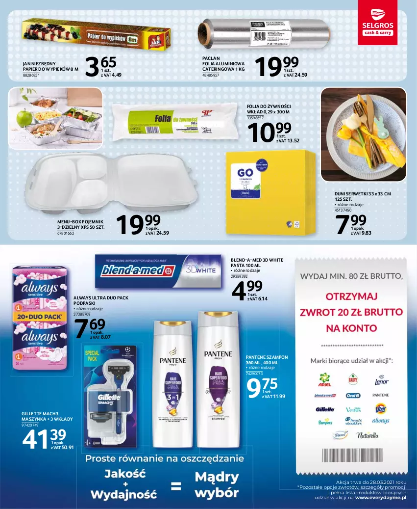 Gazetka promocyjna Selgros - Oferta spożywcza - ważna 11.03 do 24.03.2021 - strona 35 - produkty: Always, Always Ultra, Blend-a-Med, Folia aluminiowa, Gillette, Jan Niezbędny, Mach3, Maszynka, Pantene, Papier, Podpaski, Pojemnik, Ser, Serwetki, Szampon, Szynka