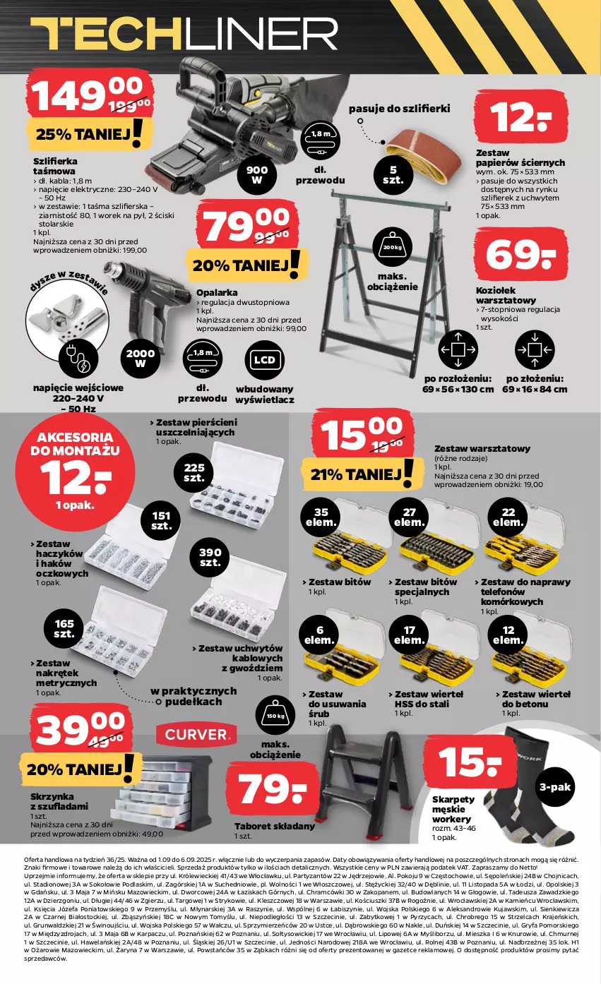 Gazetka promocyjna Netto - Od Poniedziałku Przemysłowa - ważna 01.09 do 06.09.2025 - strona 3 - produkty: Fa, Gry, Haczyk, Karp, Kujawski, Opalarka, Papier, Podlaski, Sok, Stock, Szlifierka, Taboret, Taboret składany, Telefon, Top, Wino, Zestaw wierteł
