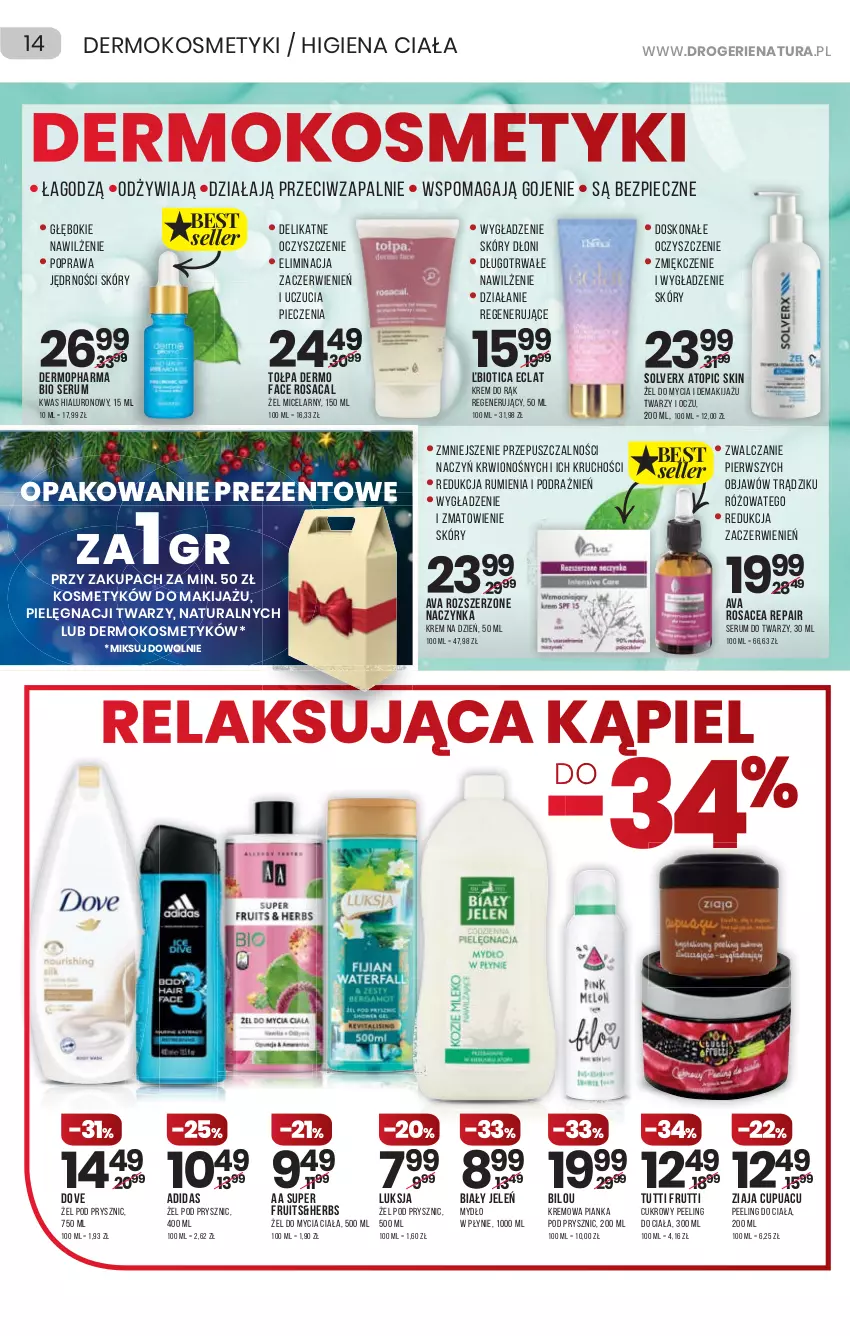 Gazetka promocyjna Drogerie Natura - Gazetka Drogerie Natura - ważna 16.12 do 29.12.2021 - strona 14 - produkty: Adidas, Biały Jeleń, Cukrowy peeling, Dove, Eclat, Fa, Krem do rąk, Krem na dzień, Luksja, Makijaż, Mop, Mydło, Mydło w płynie, Peeling, Pianka pod prysznic, Piec, Rum, Ser, Serum, Serum do twarzy, Tołpa, Top, Ziaja