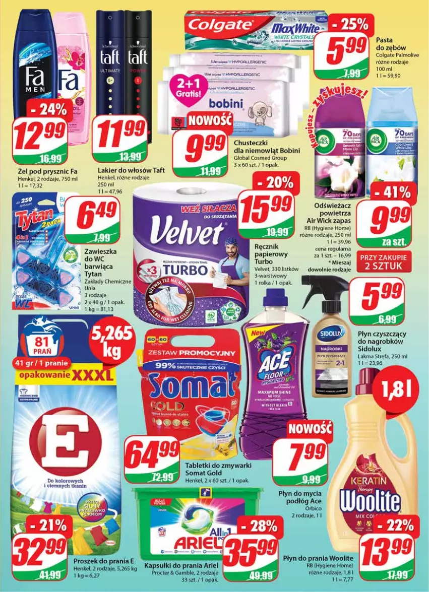 Gazetka promocyjna Dino - Gazetka - ważna 12.10 do 18.10.2022 - strona 23 - produkty: Air Wick, Chusteczki, Colgate, Fa, Lakier, Lakier do włosów, LG, Odświeżacz powietrza, Palmolive, Papier, Pasta do zębów, Por, Sidolux, Taft, Tytan, Velvet, Zawieszka do wc