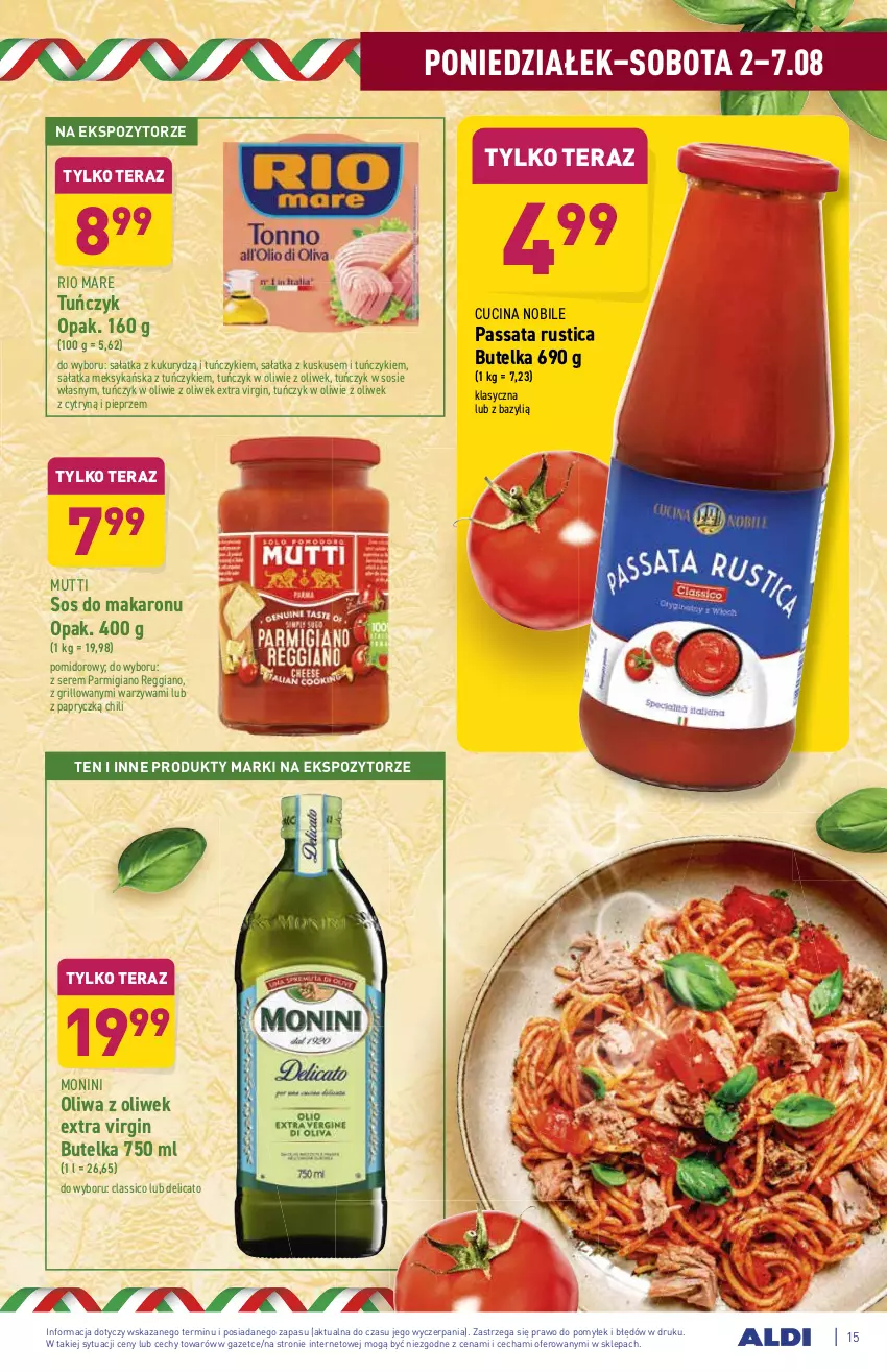 Gazetka promocyjna Aldi - ważna 02.08 do 07.08.2021 - strona 15 - produkty: Bazyl, Gin, Grill, Kuskus, Makaron, Monini, Oliwa z oliwek, Pieprz, Rio Mare, Rust, Sałat, Sałatka, Ser, Sos, Sos do makaronu, Tera, Tuńczyk, Warzywa