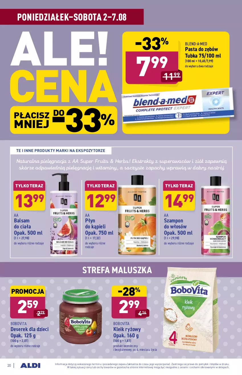 Gazetka promocyjna Aldi - ważna 02.08 do 07.08.2021 - strona 20 - produkty: Balsam do ciała, BoboVita, Deser, Dzieci, Fa, Pasta do zębów, Płyn do kąpieli, Ryż, Ser, Serek, Szampon, Tera