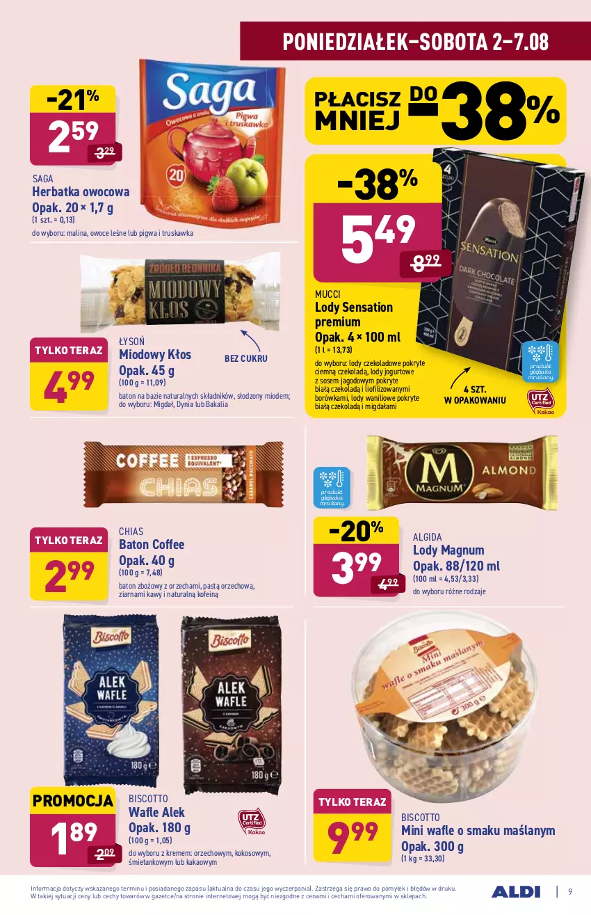 Gazetka promocyjna Aldi - ważna 02.08 do 07.08.2021 - strona 9 - produkty: Algida, Baton, Borówka, Chia, Jogurt, Kakao, Kokos, LG, Lody, Owoce, Saga, Sati, Sos, Tera, Wafle