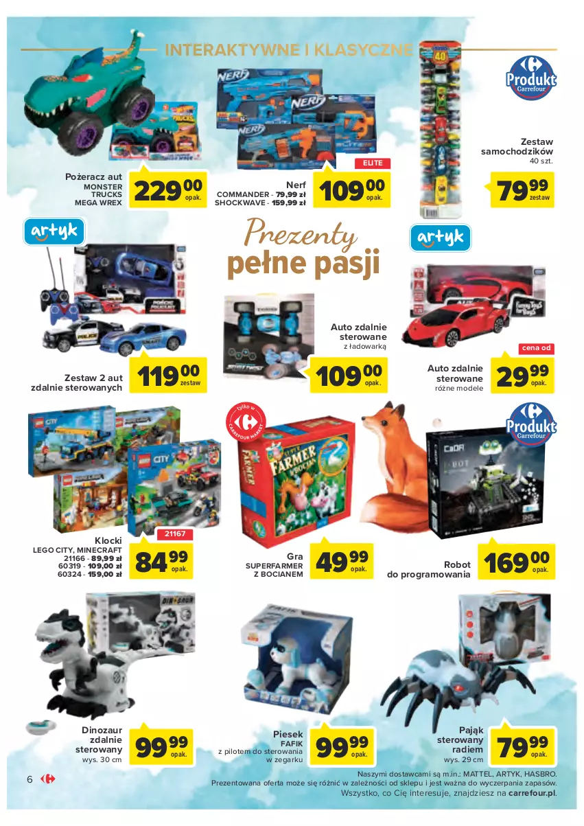 Gazetka promocyjna Carrefour - Gazetka Zabawki - ważna 02.11 do 26.11.2022 - strona 6 - produkty: Chodzik, Dinozaur, Fa, Gra, Hasbro, Klocki, LEGO, LEGO City, Mattel, Minecraft, Monster truck, Nerf, Robot, SuperFarmer, Tera, Zegar