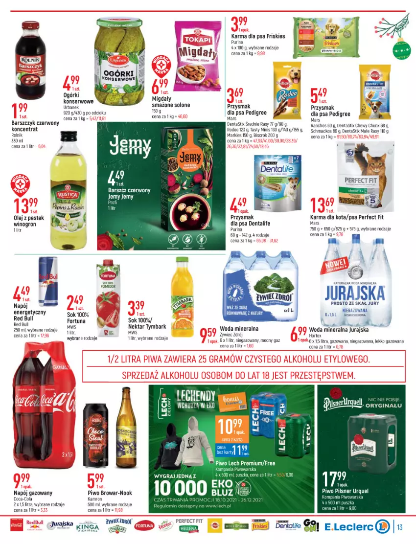 Gazetka promocyjna E Leclerc - ważna 14.12 do 24.12.2021 - strona 13 - produkty: BIC, Coca-Cola, Fa, Fortuna, Friskies, Gin, Gra, Hortex, Lech Premium, Mars, Migdały, Napój, Napój gazowany, Olej, Pedigree, Piwo, Przysmak dla psa, Pur, Purina, Rolnik, Ser, Sok, Stek, Tymbark, Wino, Woda, Woda mineralna