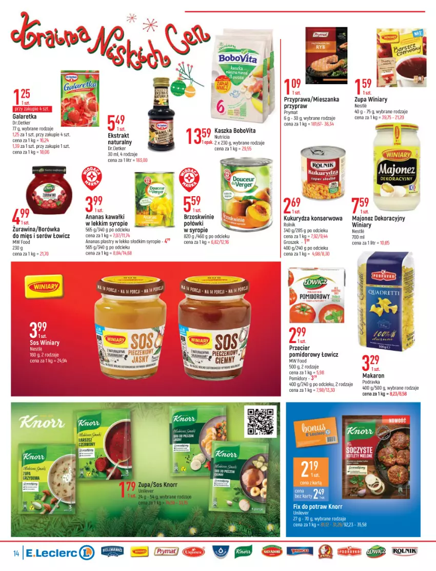 Gazetka promocyjna E Leclerc - ważna 14.12 do 24.12.2021 - strona 14 - produkty: Ananas, BoboVita, Borówka, Brzoskwinie, Dr. Oetker, Gala, Galaretka, Groszek, Kawa, Knorr, Kukurydza, Kukurydza konserwowa, Majonez, Piec, Pomidory, Prymat, Rolnik, Ser, Sos, Syrop, Winiary, Zupa