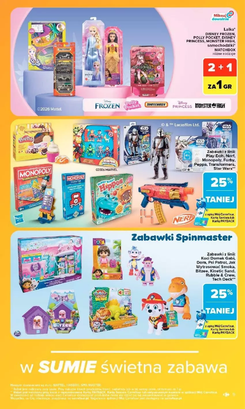 Gazetka promocyjna Carrefour - Gazetka Carrefour w SUMIE same okazje - ważna 07.09 do 19.09.2026 - strona 9 - produkty: Chodzik, Disney, Frozen, Lalka, Monopoly, Nerf, Play-Doh, Polly Pocket, Psi Patrol, Ryba, Samochodziki, Star Wars, Tran, Transformers