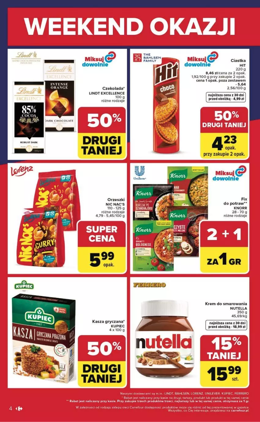 Gazetka promocyjna Carrefour - Gazetka Weekend okazji już od czwartku! - ważna 16.04 do 18.04.2026 - strona 4 - produkty: Ciastka, Czekolada, Fa, Gry, Kasza, Kasza gryczana, Knorr, Kupiec, Lindt, Nutella, Orzeszki, Piec