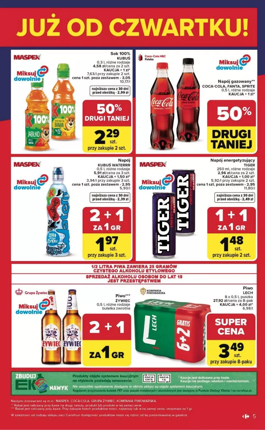 Gazetka promocyjna Carrefour - Gazetka Weekend okazji już od czwartku! - ważna 16.04 do 18.04.2026 - strona 5 - produkty: Coca-Cola, Fa, Fanta, Kubuś, Kubuś Waterrr, Napój, Napój gazowany, Piwo, Sok, Sprite, Tiger
