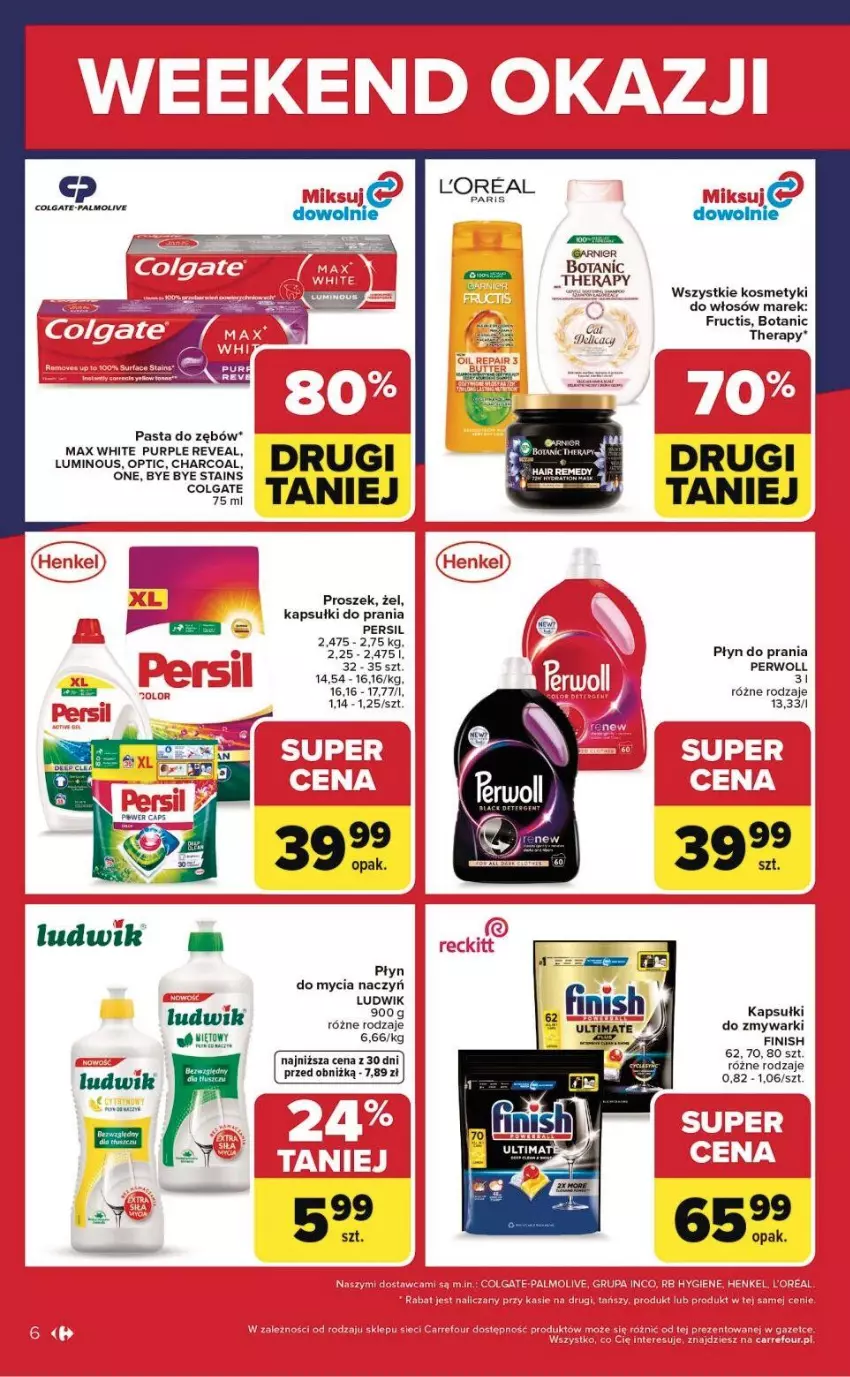 Gazetka promocyjna Carrefour - Gazetka Weekend okazji już od czwartku! - ważna 16.04 do 18.04.2026 - strona 6 - produkty: Colgate, Do mycia naczyń, Fa, Finish, Fructis, Garnier, Kapsułki do prania, LG, Ludwik, Pasta do zębów, Persil, Perwoll, Płyn do prania, Pur, Zmywarki