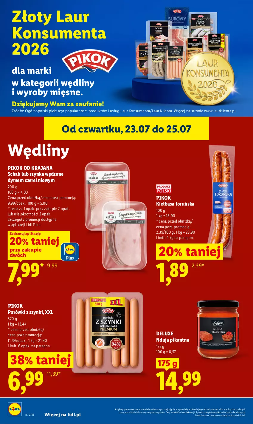 Gazetka promocyjna Lidl - Gazetka ważna od 23.07. do 25.07. - ważna 23.07 do 25.07.2026 - strona 66 - produkty: Fa, Kiełbasa, Laur, Parówki, Parówki z szynki, PIKOK, Szynka