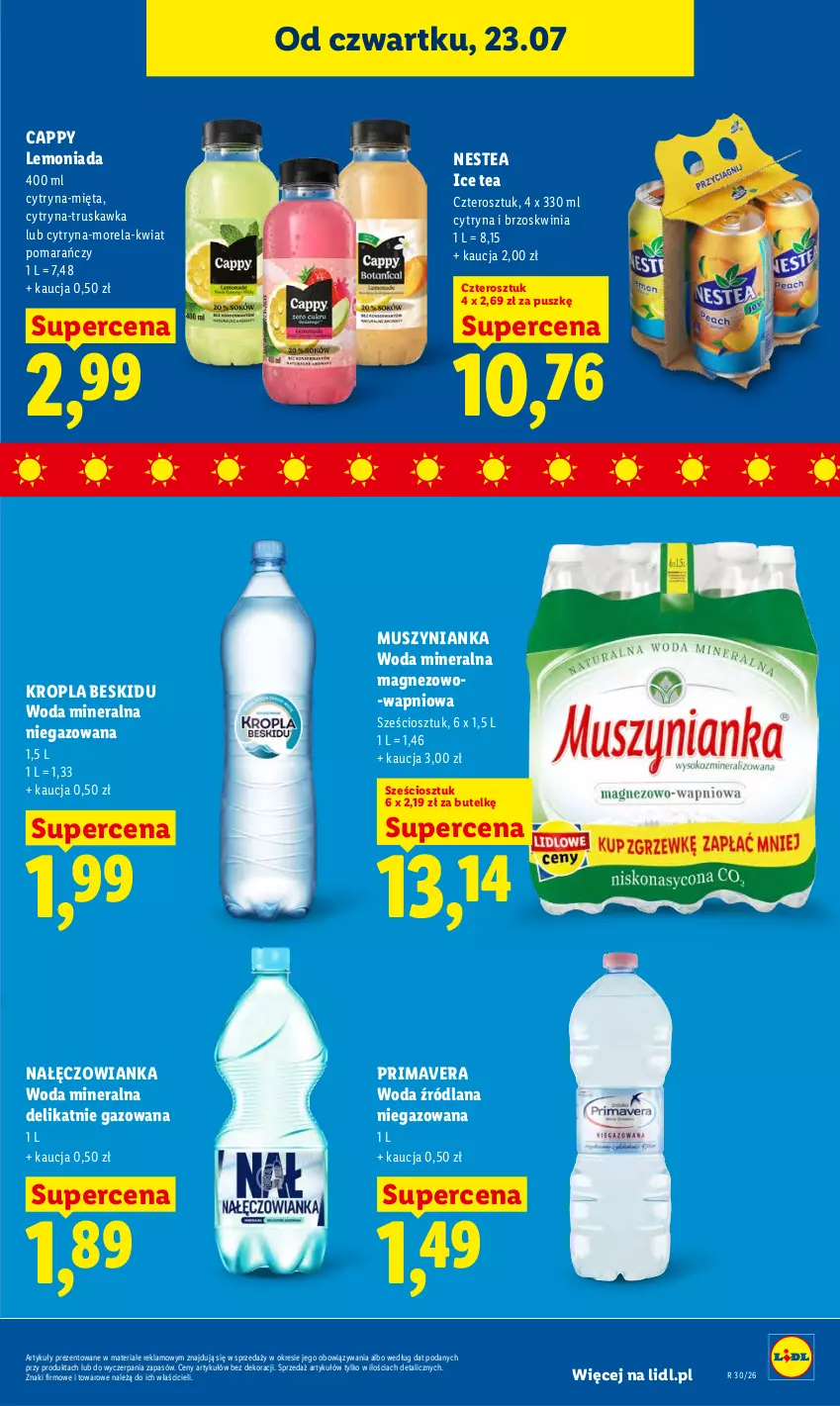 Gazetka promocyjna Lidl - Gazetka ważna od 23.07. do 25.07. - ważna 23.07 do 25.07.2026 - strona 77 - produkty: Cappy, Ice tea, LANA, Lemoniada, Magnez, Mięta, Morela, Mus, Muszynianka, Nałęczowianka, Nestea, Prima, Primavera, Woda, Woda mineralna